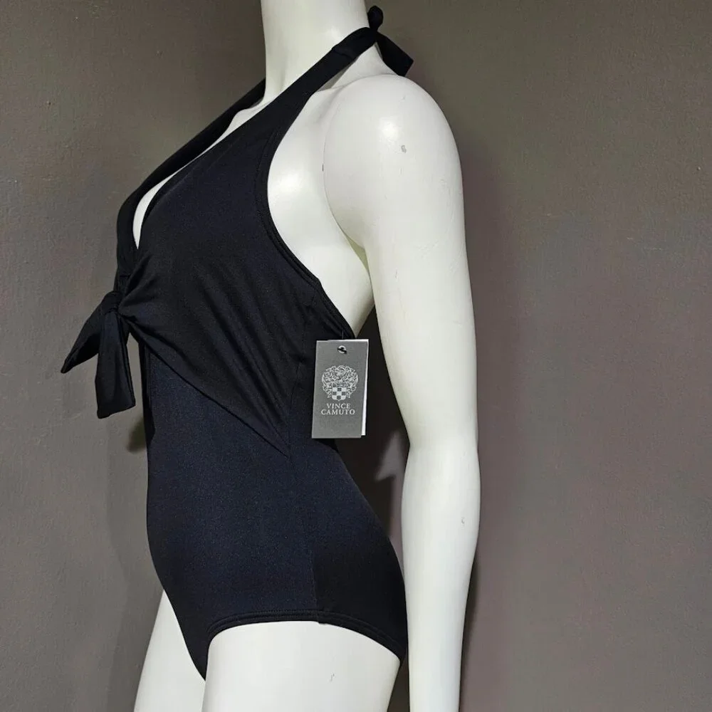 Vince Camuto Plunging Tie-Front Halter One-Piece Swimsuit